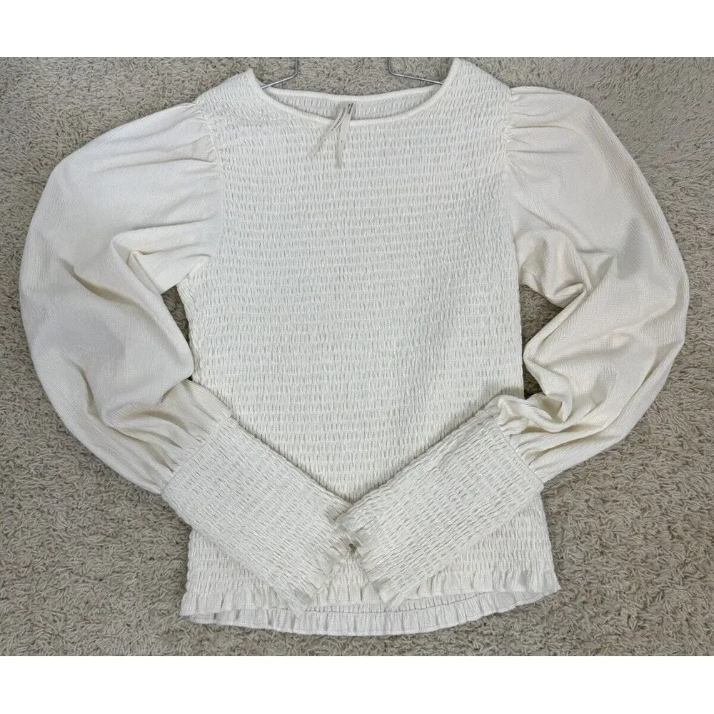 Anthropologie Smocked Puff Sleeve Ivory Cream Top Blouse Size S‎ Boho Bodycon